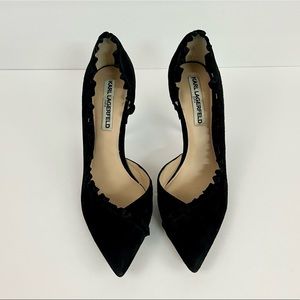 Karl Lagerfeld Black Leather Suede Adra Ruffle Pumps Women’s Size 8